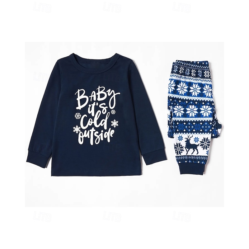Family Pajamas Letter Christmas Pattern Home Print Dark Blue Long Sleeve Active Matching Outfits3