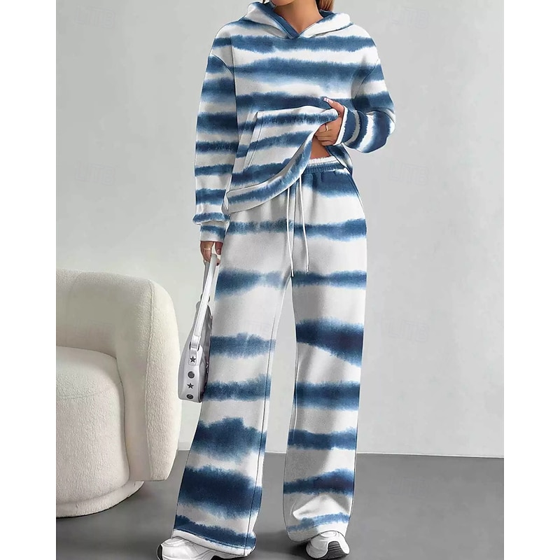 Women's Active Fashion Pants Sets Long Sleeve Hooded Color Block Drawstring Vacation Casual Daily Black White Blue Fall Regular Fit