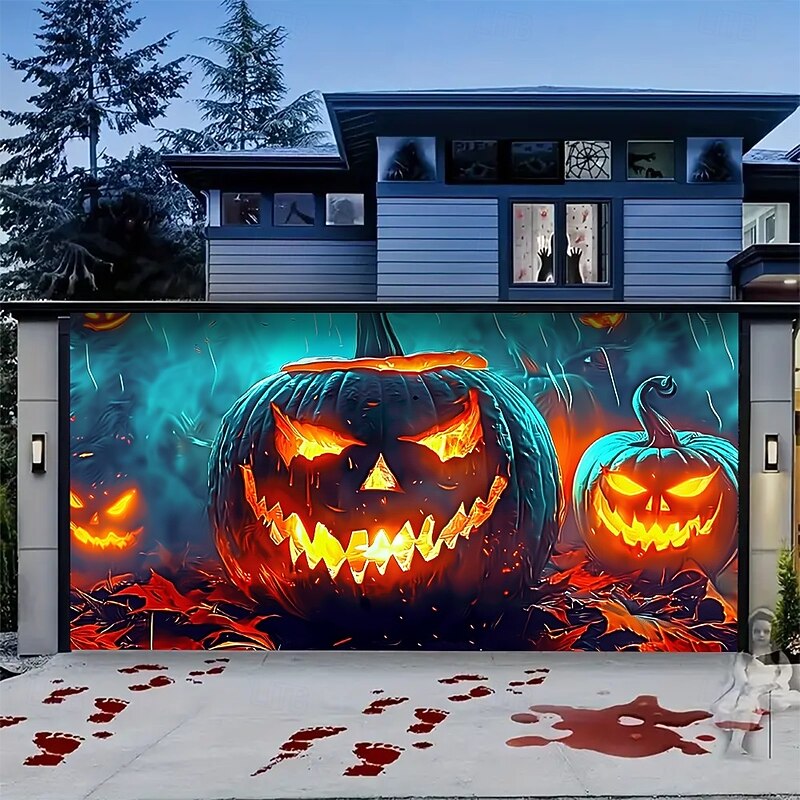 Halloween Garage Door Cover Evil Pumpkin Lantern Banner Glowing Jack O Lantern Face Backdrop Tapestry for Spooky Outdoor Wall or Fence Decoration2