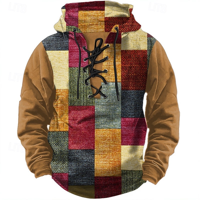 Men's Geometric Hoodies Fashion Cool Long Sleeve Hooded Black Blue Drawstring Patchwork Fall Winter Designer4