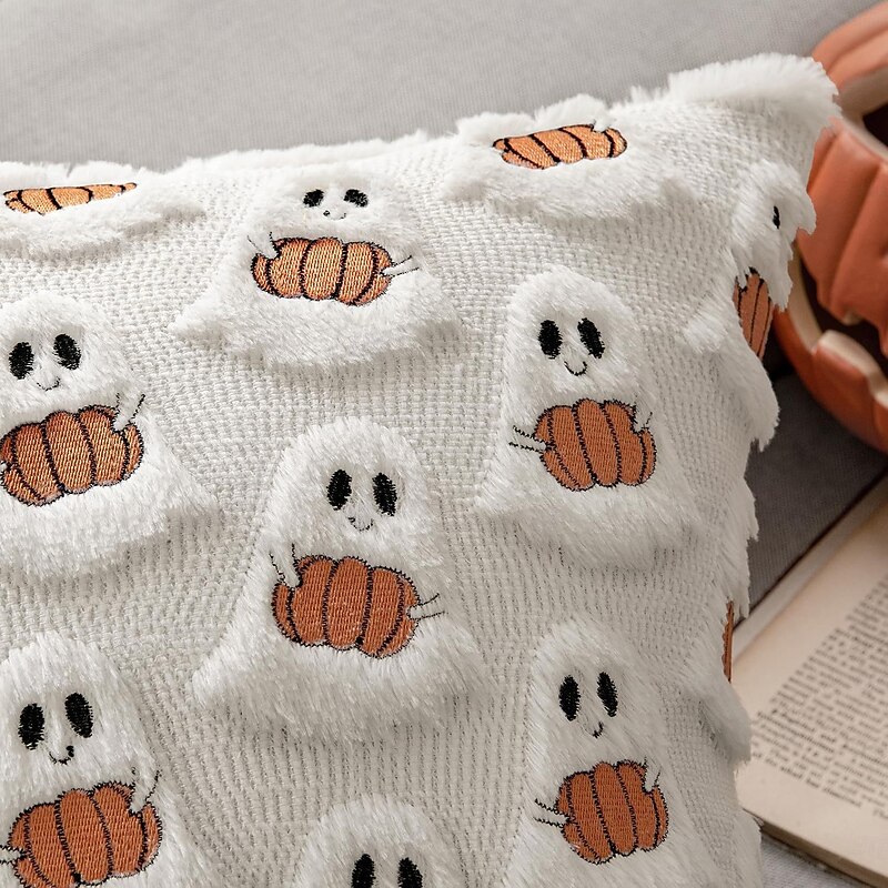 Halloween Plush Pillow Cover with Pumpkin and Ghost Embroidery, Decorative Cushion Case for Sofa, Bedroom, and Holiday Home Decor4