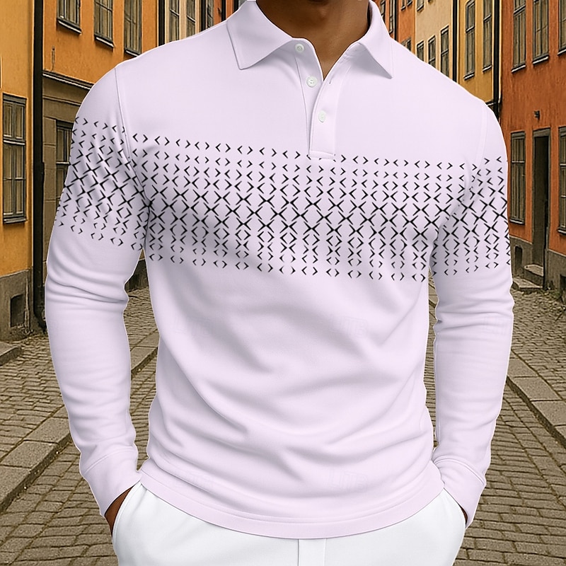 Men's Geometric Polo Long Sleeve Polo Shirts Lapel Business Casual Athleisure Daily Wear 3D Print Buttons Spring Fall Winter Black White Blue4