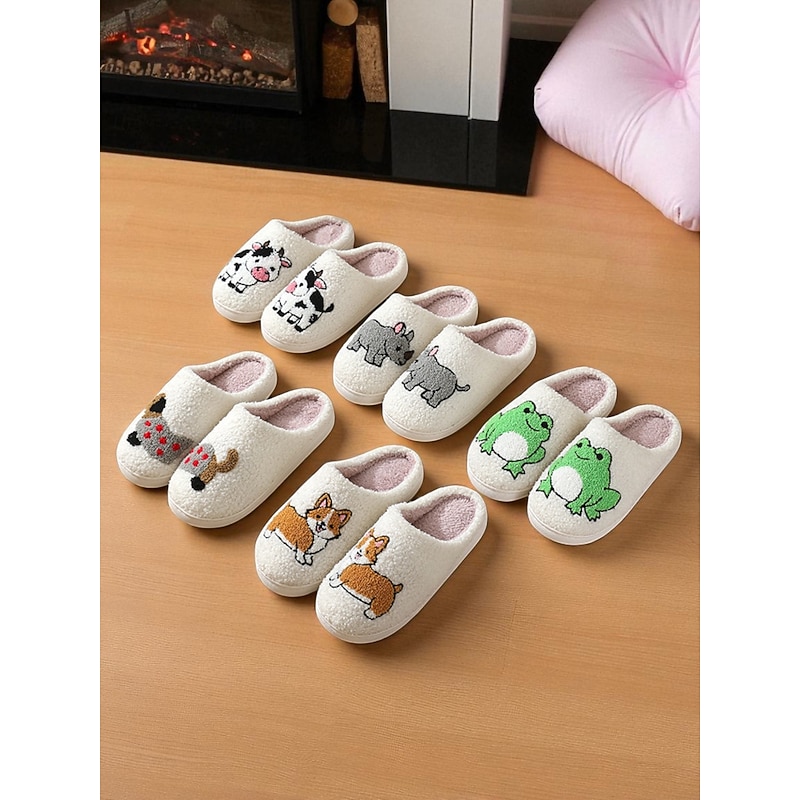 Women's White Faux Fleece Slippers with Cute Corgi Pattern– Cozy Indoor Winter House Shoes for Home, Bedroom and Lounge