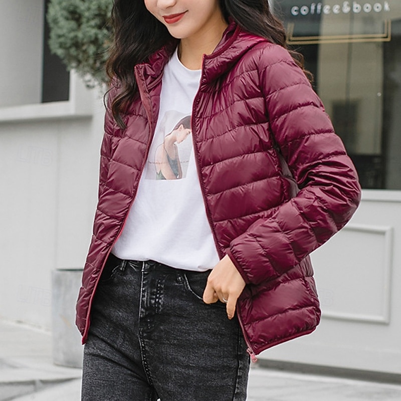 Women's Down Jacket Puffer Jacket Warm Comfortable Zipper Pocket Fashion Modern Casual Plain Going out Weekend Zipper Regular Hoodie Regular Fit Long Sleeve Outerwear Light Pink Black White Winter3