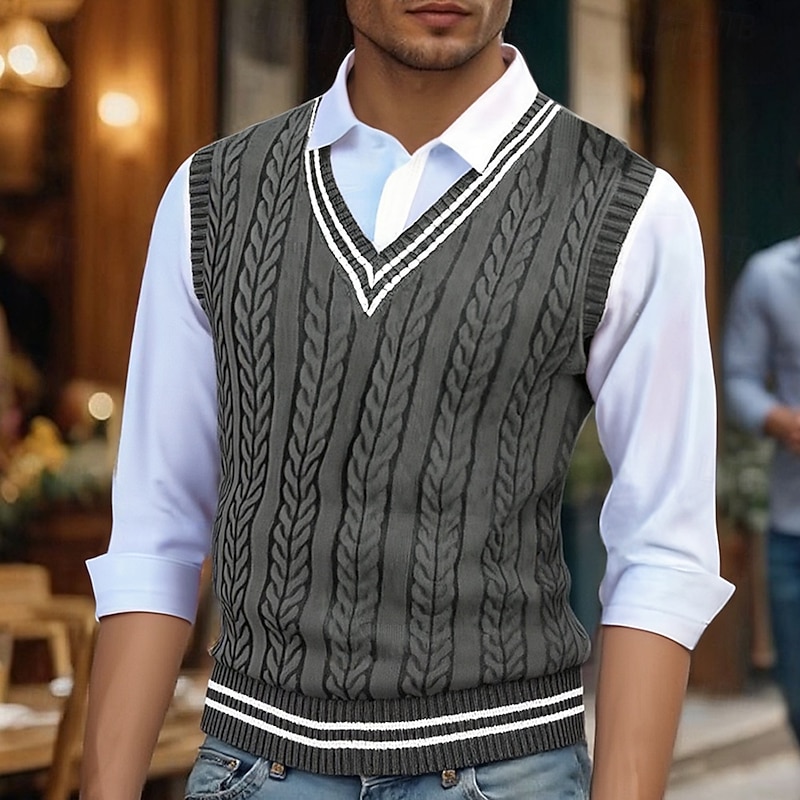 Men's Sweater Vest Dress Sweater Pullover Sweater Jumper Vest Knit Sweater Ribbed Cable Knit Regular Tops Knitted Color Block V Neck Fashion Casual Vacation Daily Wear Clothing Apparel Fall Winter3