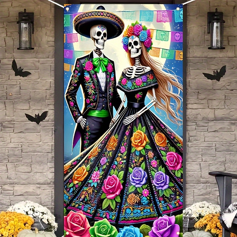 Halloween Door Cover – Day of the Dead Skeleton Couple, Colorful Sugar Skull Design, Outdoor 2025 Halloween Decoration for Bedroom, Living Room, Bathroom. Indoor/Outdoor Holiday Decoration