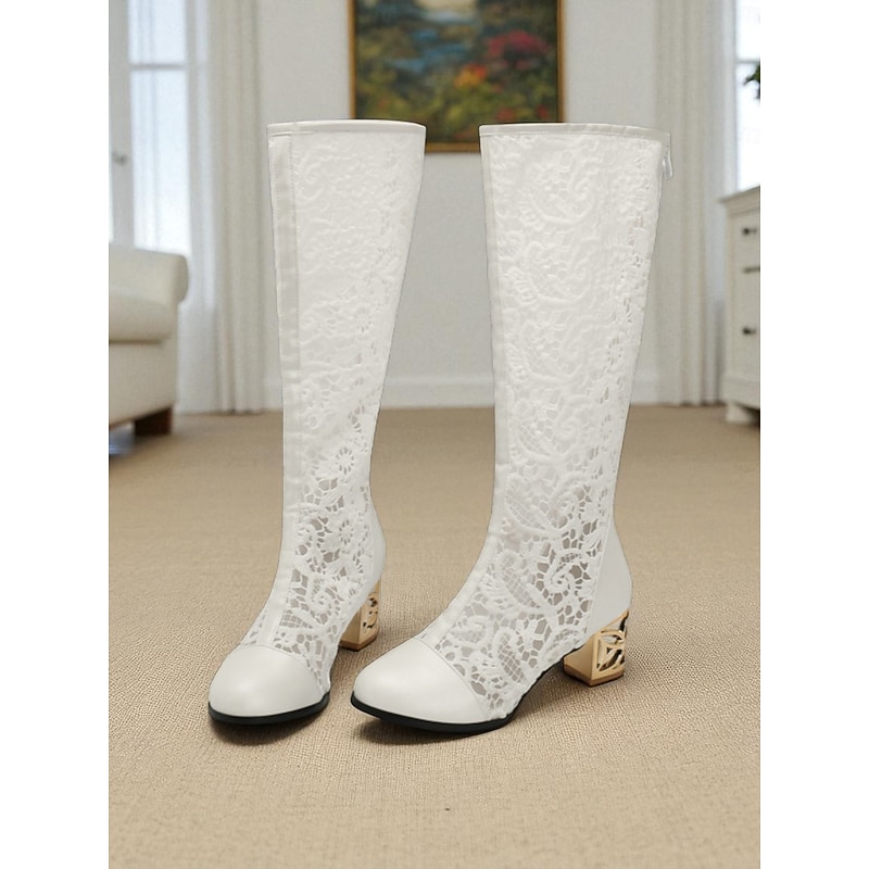 Women's White Lace Mid-Calf Boots with Hollow Carved Gold Heels - Elegant  Style Mesh Dress Boots for  Weddings, Garden Parties and Victorian Cosplay4