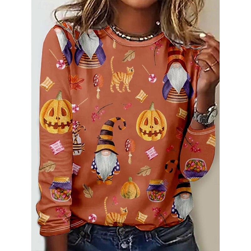 Halloween Women's T shirt Pumpkin Long Sleeve Graphic Vintage Stylish Casual Long Sleeve Crew Neck Regular Tops Daily Print Yellow Blue Orange Fall Winter Prefall