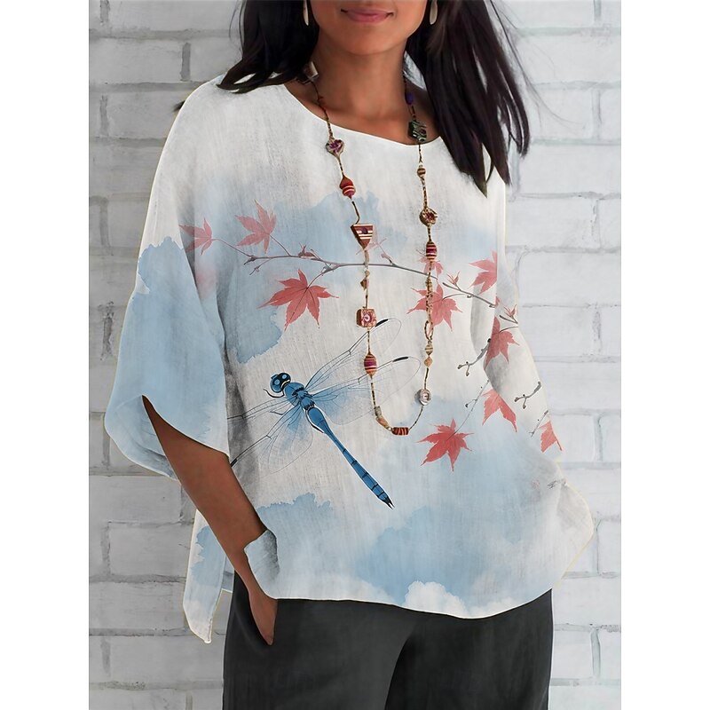 Women's Shirt Dragonfly Daily Casual 3/4 Length Sleeve Crew Neck Regular Tops Daily Holiday Print White Blue Sky Blue Light Blue Summer Spring Fall