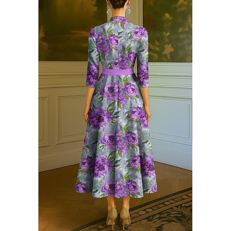 Purple Floral A-Line Evening Gown Elegant Dress Formal Wedding Floor Length Half Sleeve V Neck Pocket Nylon with Floral Print 20252