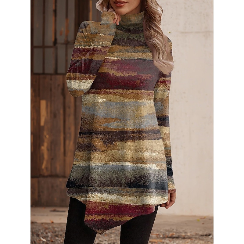 Women's T Shirt Graphic Geometric Stylish Casual Long Sleeve High Neck Regular Tops Daily Weekend Asymmetrical Yellow Light Brown Brown Khaki Spring Fall Winter4