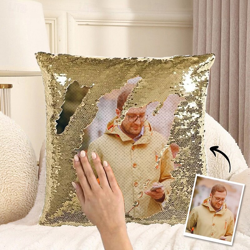 Custom Photo Magic Sequin Pillow for Men Personalized Reversible Throw Pillowcase with Your Picture Unique Gift for Him Birthday or Anniversary