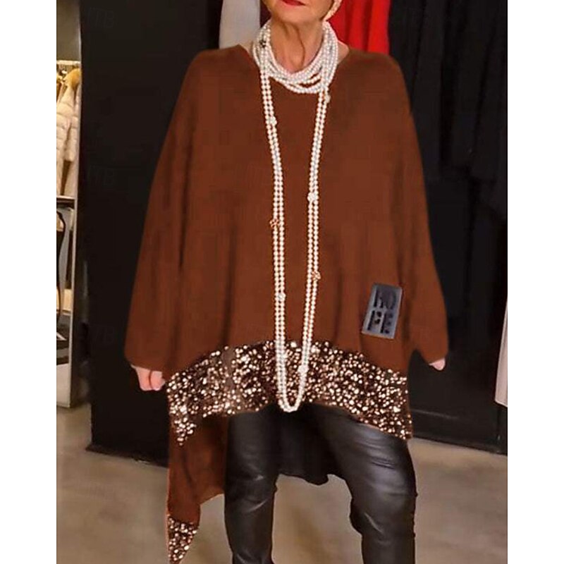 Women's Blouse Color Block Stylish Modern Long Sleeve Crew Neck Regular Tops Daily Holiday Going out Sequins Patchwork Black Red Blue Brown Green Fall4