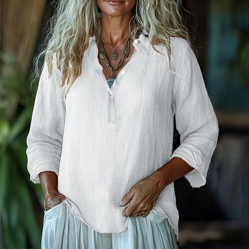 Women's Shirt Blouse Plain Modern Casual Long Sleeve V Neck Regular Tops Daily Holiday Buttons White Pink Purple Green Fall