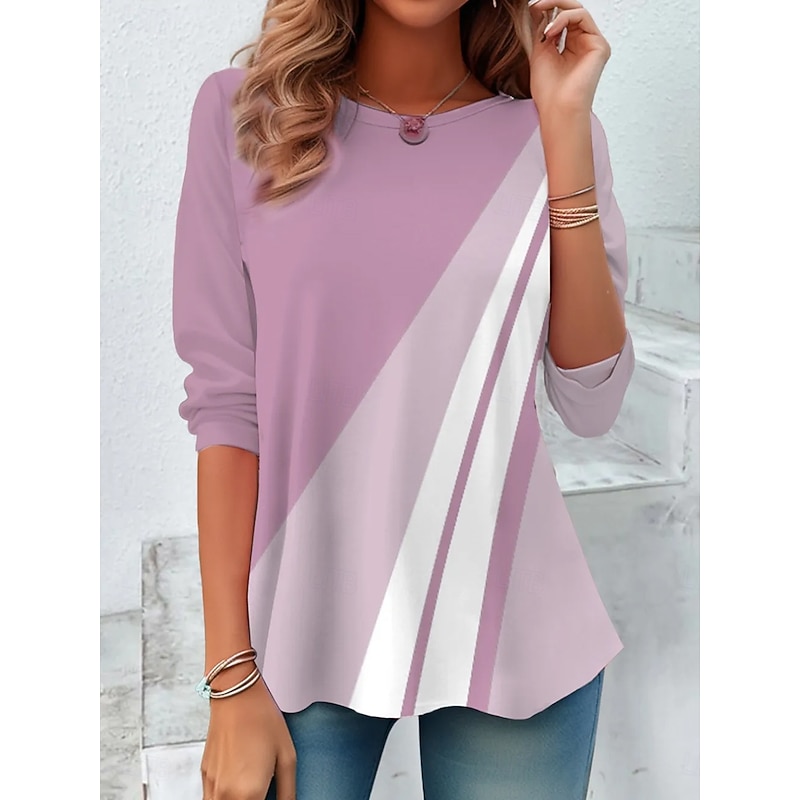Women's T Shirt Graphic Geometric Vintage Fashion Stylish Long Sleeve Crew Neck Round Neck Regular Tops Daily Weekend Print Black Pink Blue Summer Spring Fall
