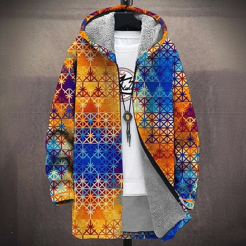Men's Graphic Winter Coat Fleece Jacket Coat Thermal Warm Comfortable Casual Daily Wear Zipper Pocket 3D Print Fall Winter Hooded Long Sleeve Blue Orange Brown2