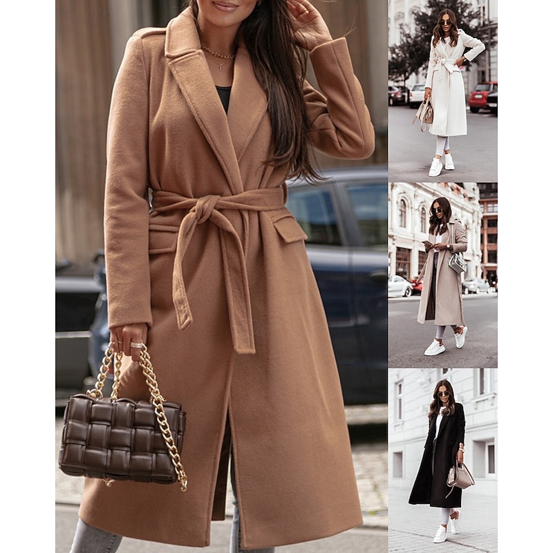 Women's Coat Trench Coat Warm Comfortable Pocket Fashion Modern Casual Plain Going out Weekend Single Breasted Long Turndown Regular Fit Long Sleeve Outerwear Black White Khaki Winter