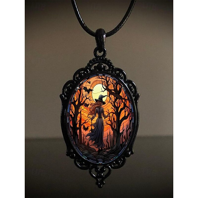 Women's Halloween Witch Jewelry Set – Gothic Black Pendant Necklace and Earrings with Full Moon Design for Party, Cosplay and Nightlife4