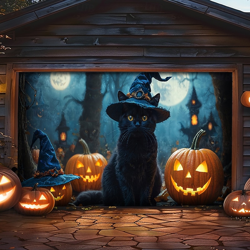 Halloween Garage Door Cover Large Hanging Backdrop Pumpkin Cat Dark Punk Gothic Style Party Outdoor Shooting Backgrounds Front Door Home Decor