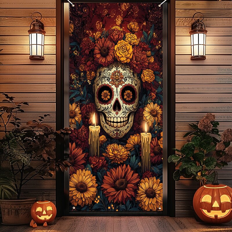 Day of the Dead Banners Door Cover Outdoor Banners Skeleton Marigold Psychedelic Dark Punk Gothic Style Party Outdoor Shooting Backgrounds Front Door Wall Porch Home Decor