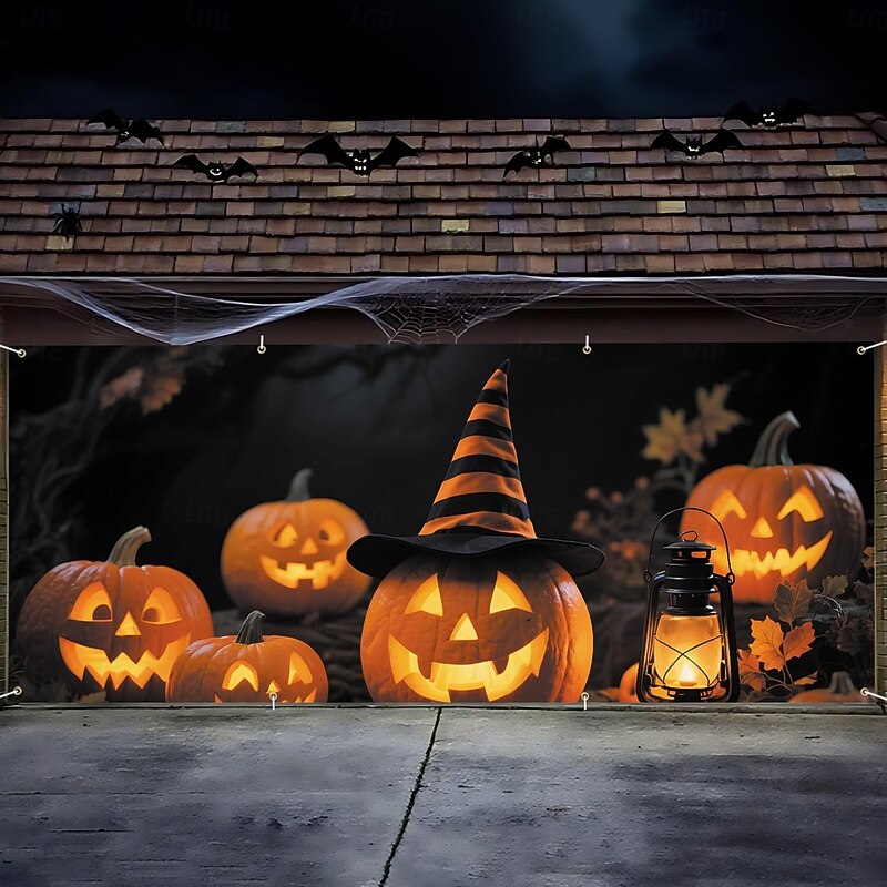 Halloween Garage Door Cover Large Hanging Backdrop Pumpkin 3D Dark Punk Gothic Style Party Outdoor Shooting Backgrounds Yard Haunted House Home Decor3