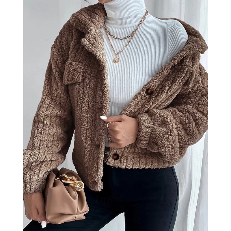 Women's Winter Coat Fleece Jacket Warm Comfortable Pocket Buttons Fashion Plain Going out Weekend Single Breasted Regular Turndown Regular Fit Long Sleeve Outerwear Black Brown Dark Grey Winter3
