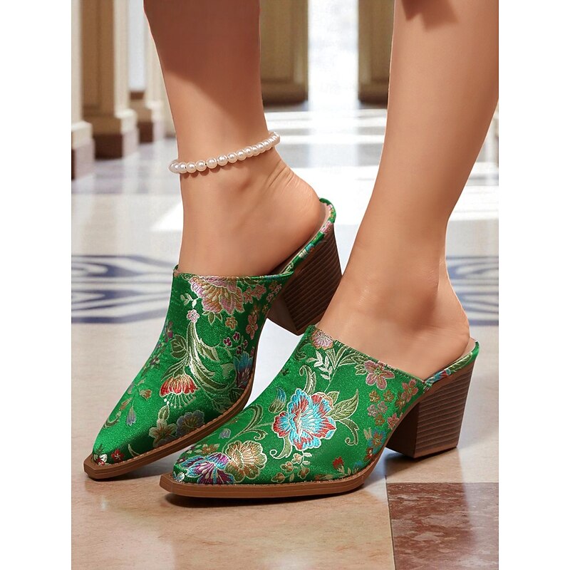 Women's 1950s Green Jacquard Mule Heels – Floral Brocade Slip-On Block Heel Mules for Vintage-Inspired Looks, Elegant Outfits and Cultural Events