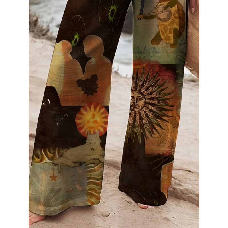 Women's Wide Leg Pants Trousers Ethnic Style Retro Vintage Long High Waist Graphic Color Block Elastic Waist Printing High Cut Breathability Soft Micro-elastic Casual Daily Wear Yellow Spring Fall2