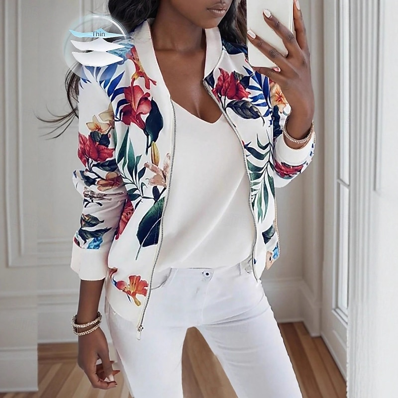 Women's Casual Jacket Comfortable Zipper Fashion Daily Modern Floral School Outdoor Vacation Home Regular Baseball Collar Regular Fit Long Sleeve Outerwear White Spring Fall2