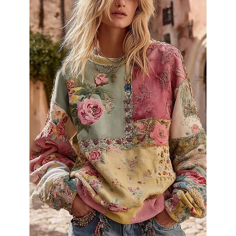 Women's 3D Print Vintage Boho Hoodie Patchwork Hoodie Sweatshirt Floral Pullover Sweatshirt Warm Active Vintage Street Dailywear Casual Light Pink Yellow Light Green Pink Red Spring Fall Winter4