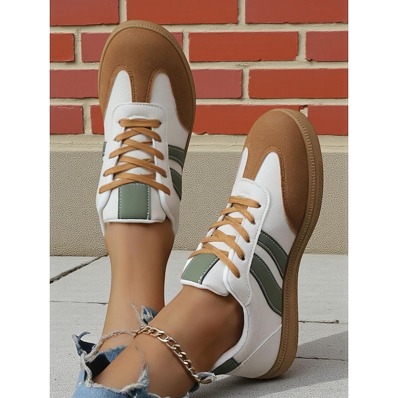 Women's Retro Lace-Up Sneakers with Brown & Green Accents – Comfortable Casual Sports Shoes for Walking, Travel & Everyday Wear3