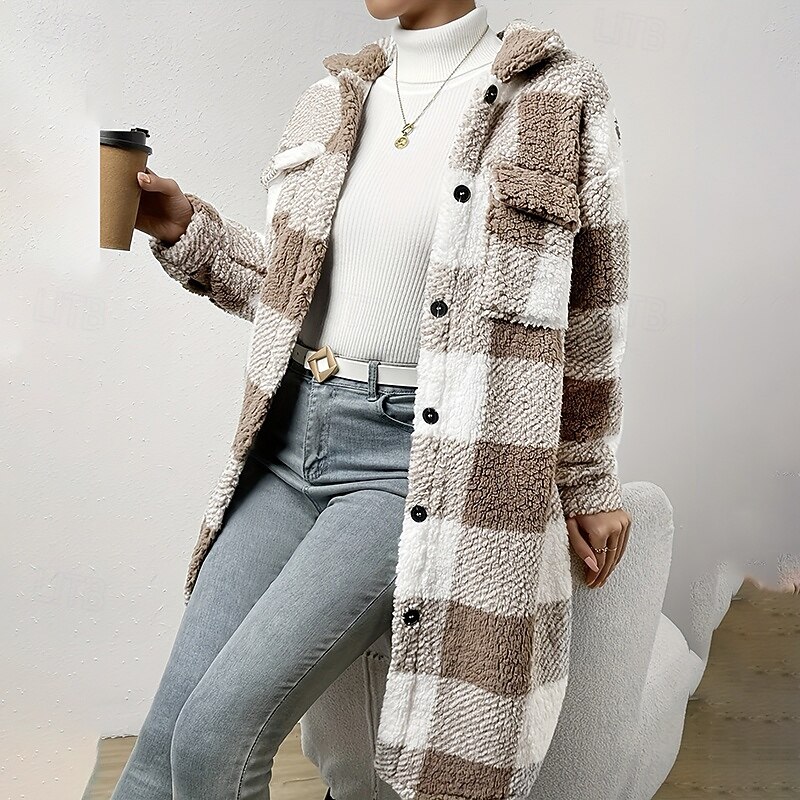 Women's Double Fuzzy Jacket Thick Warm Buttons Long Sleeve Sports Color Block Top For Outdoor Travel Vacation Activewear2