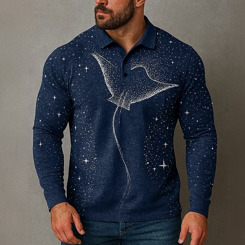 Men's Animal Patterned Polo Long Sleeve Polo Shirts Lapel Casual Outdoor Street Athleisure Daily Wear 3D Print Buttons Spring Fall Winter Black Blue Purple