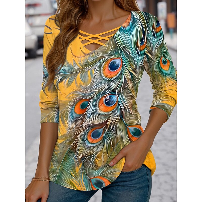 Women's T shirt Long Sleeve Graphic Animal Vintage Casual Trendy Long Sleeve V Neck Regular Tops Daily Cut Out Print Yellow Blue  Spring Fall Prefall