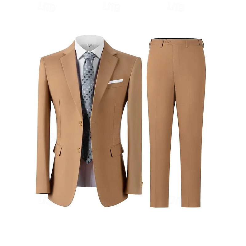 Men's Party Business Wedding Suits Notch Lapel Brown Formal Solid Colored Tailored Fit 2 Piece Single Breasted Two-buttons3
