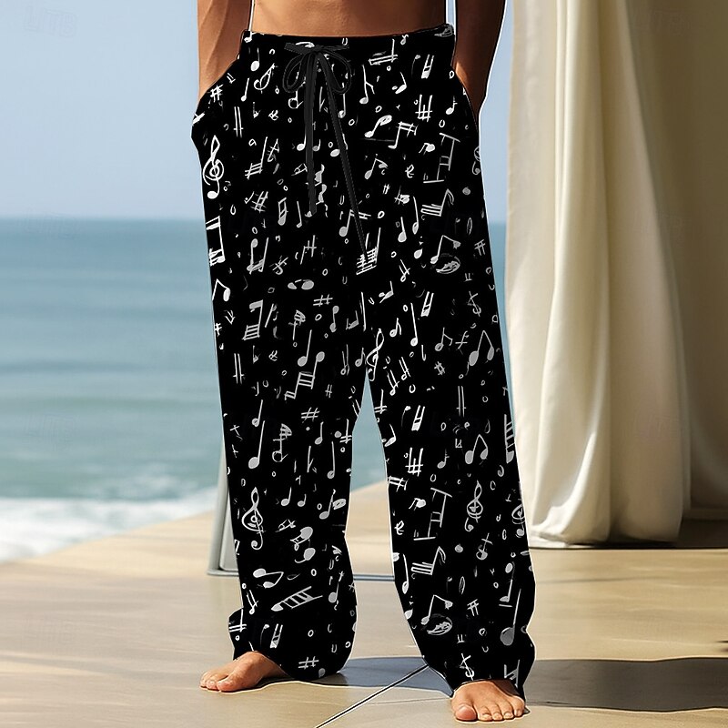 Men's Musical Notes Trousers Baggy Pants Casual Pants Mid Waist Outdoor Vacation Elastic Drawstring Waist Linen-Like Pants with Pockets Spring Fall 3D Print Black White Blue3