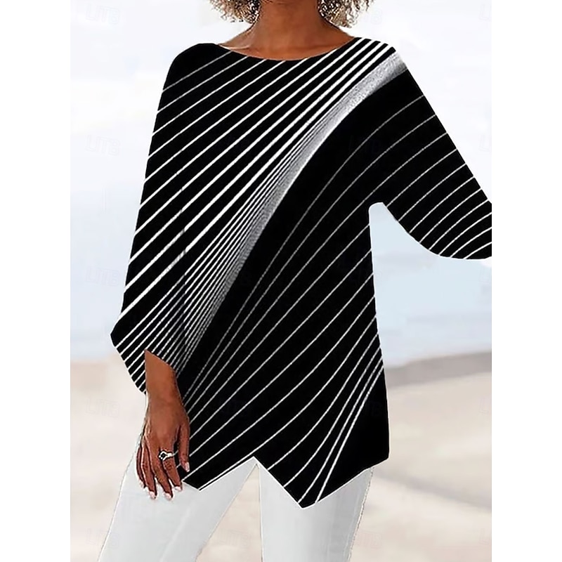Women's Blouse Graphic Geometric Vintage Tropical Stylish 3/4 Length Sleeve Crew Neck Boat Neck Regular Tops Daily Print Black Spring Fall