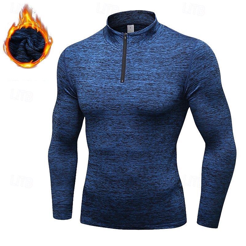 Men's Compression Shirt Fleece Base Layer Workout Tops Long Sleeve Top Athleisure Solid Colored Quick Dry Warm Gym Basketball Athletic Sportswear Activewear Black Blue Light Grey4