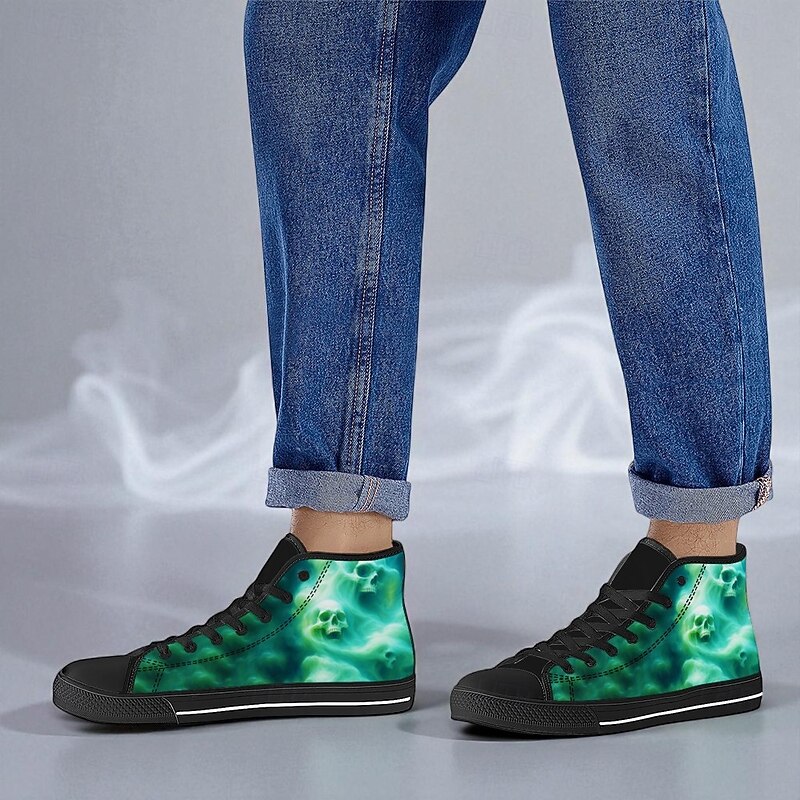 Men's Green Ghost Skull Print High Top Sneakers – Gothic Casual Canvas Shoes for Halloween, Cosplay and Street Fashion3