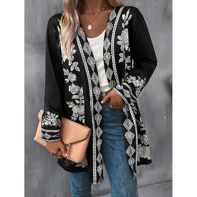 Women's Winter Coat Trench Coat Lightweight Comfortable Print Open Front Vintage Fashion Casual Floral Vacation Casual Long Collarless Regular Fit Long Sleeve Outerwear White Yellow Red Spring Fall4