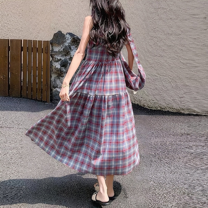 Women's Long Dress Maxi Dress Plaid Dress Classic Daily Regular Fit Plaid Sleeveless Crew Neck Red Summer4
