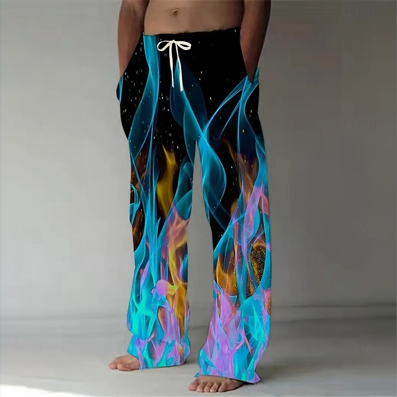 Men's Optical Illusion Flame Trousers Baggy Pants Casual Pants Mid Waist Fashion Casual Outdoor Vacation Elastic Drawstring Waist Linen-Like Pants with Pockets Spring Fall 3D Print Pink Blue Green2
