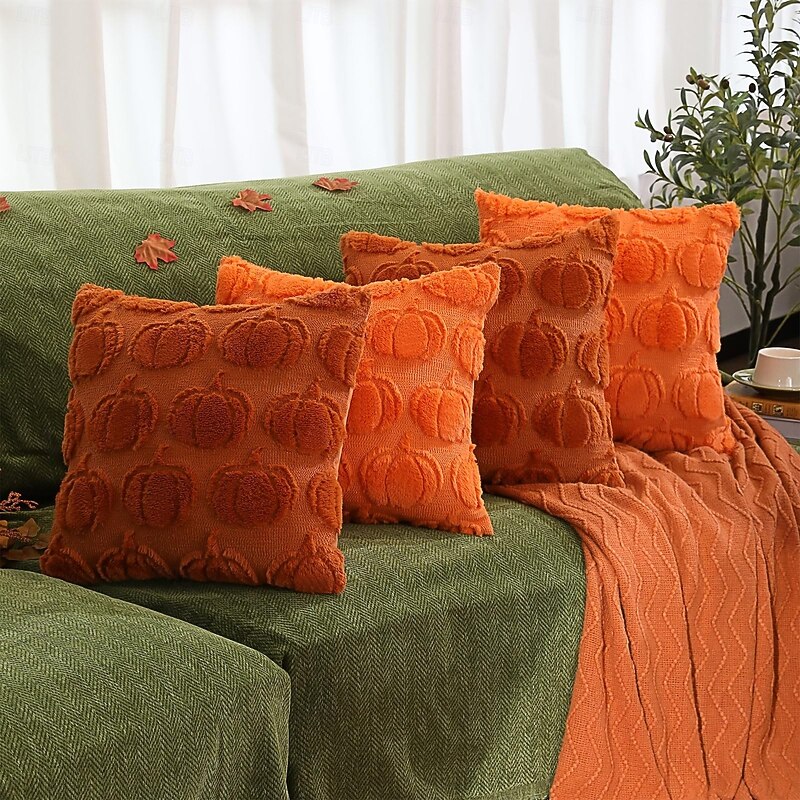 Fall Throw Pillow Cover 18 x 18 Inch Pumpkin Cushion Cover for Thanksgiving and Halloween Decoration, Rust Beige and White, Sofa Bed Decor3