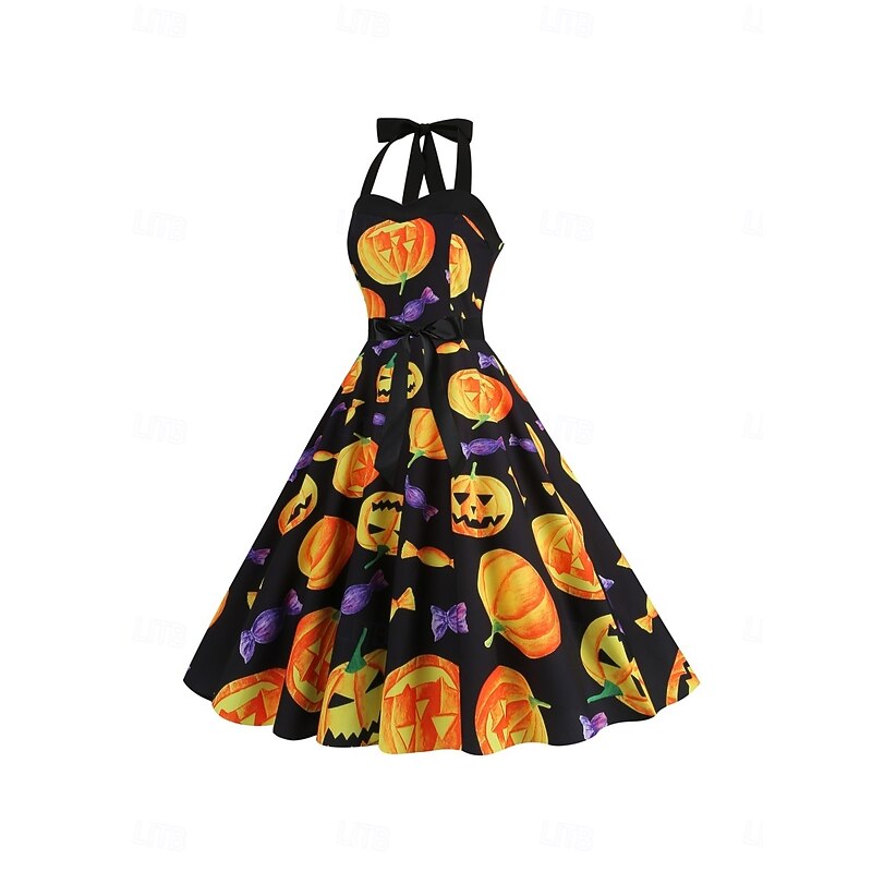Halloween Women's Pumpkin Print Midi Dress A Line Dress Vacation Casual Daily Holiday Regular Fit Pumpkin Spider Sleeveless Halter Neck Dark Yellow Black Yellow Orange Summer Spring Fall2