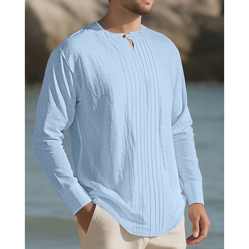 Men's Shirt Linen Shirt Casual Shirt Cotton Shirt Plain Vacation Hawaiian Black White Dark Green Khaki Long Sleeve Crew Neck Spring Fall Clothing Apparel Pleats3