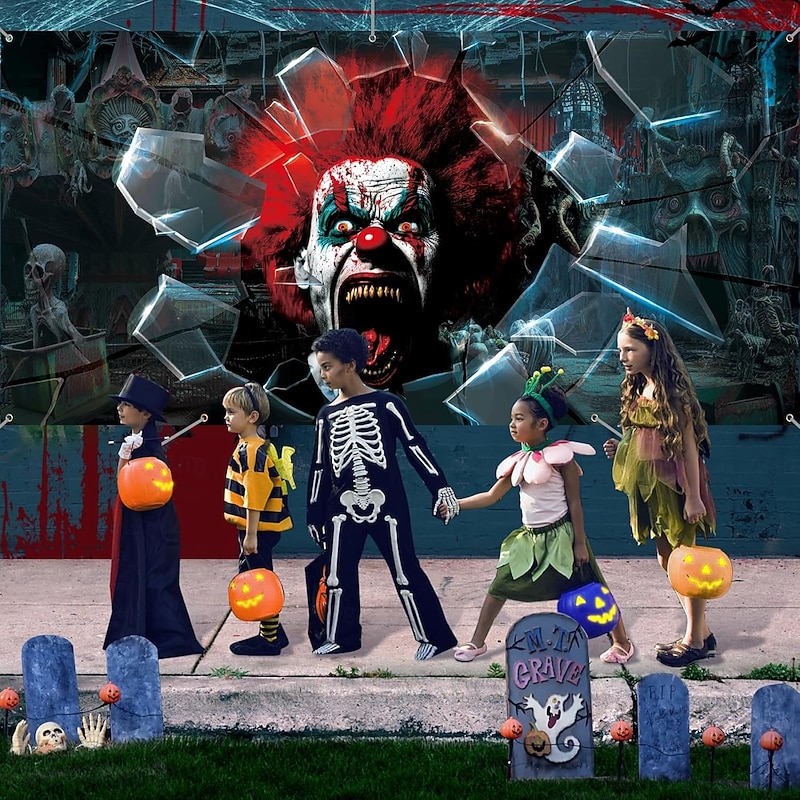 Halloween Garage Door Cover Large Hanging Backdrop Clown Bloodstains Psychedelic Dark Party Outdoor Shooting Backgrounds Front Door Home Decor3