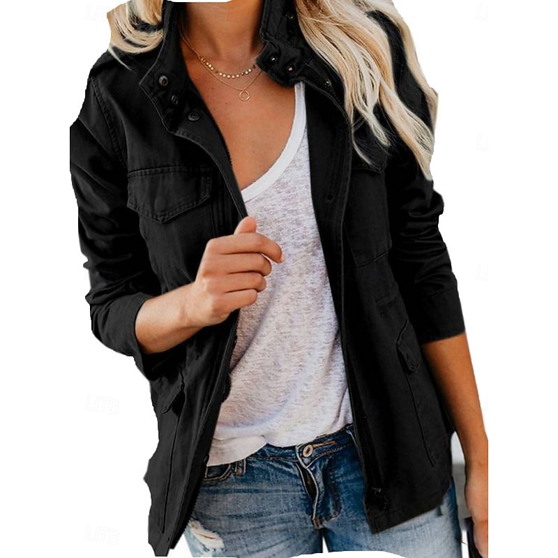 Women's Casual Jacket Comfortable Breathable Zipper Pocket Fashion Casual Plain Vacation Street Casual Daily Wear Zipper Regular Stand Collar Regular Fit Long Sleeve Outerwear Black Wine Brown Summer2