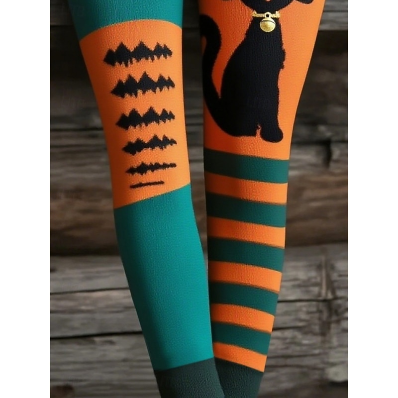 Women's Pants Trousers Leggings Cozy Leggings Streetwear Casual Full Length High WaistPantsHalloween Cat Elastic Waist Print Breathability Comfortable Stretchy Vacation Street Daily Wear Blue Summer2
