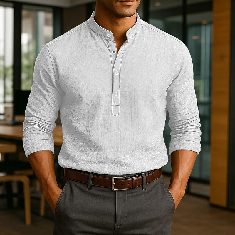 Men's Linen Shirt Popover Shirt Dress Shirt Casual Shirt Beach Shirt Band Collar Shirt Plain Vacation Casual Black White Pink Blue Long Sleeve Band Collar Spring & Summer All Seasons Clothing Apparel2
