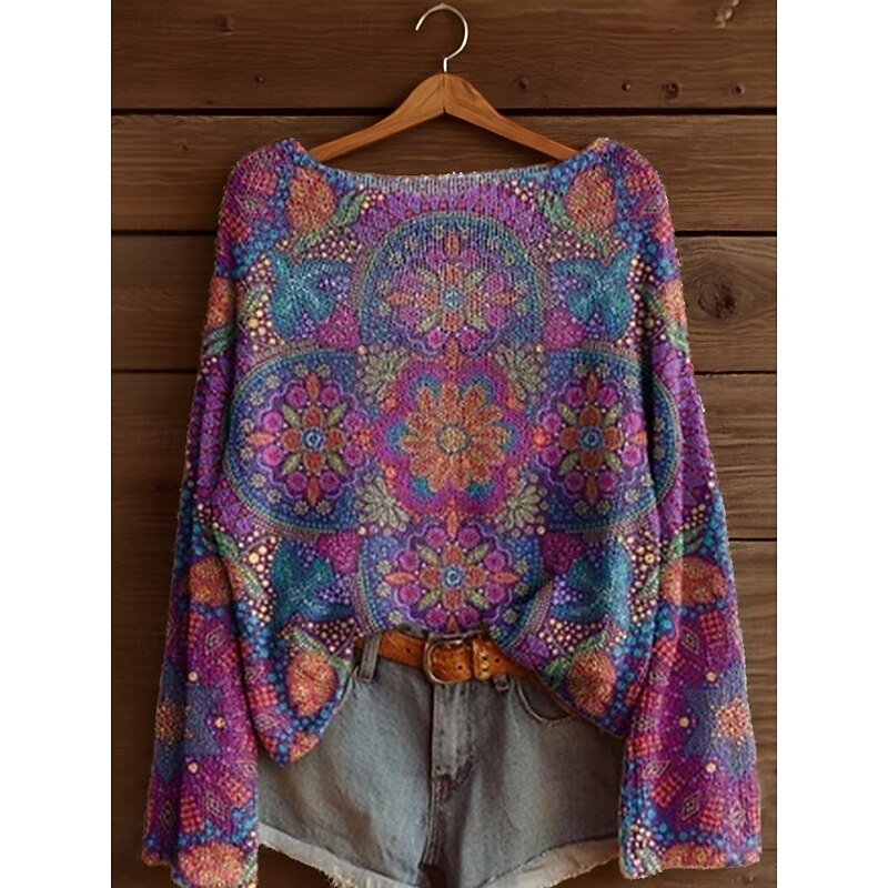 Women's Sweater Casual Soft Floral Graphic Ribbed Boat Neck Floral Knitted Print Long Sleeve Regular Tops Knit Outdoor Daily Weekend Yellow Pink Spring Fall3